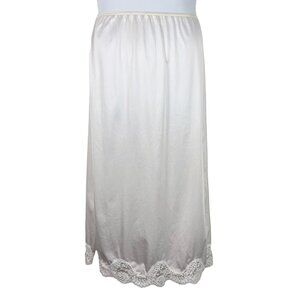 Vintage Slip Skirt White Satin Lace Trim Side Slit Stretch Size Medium Adonna